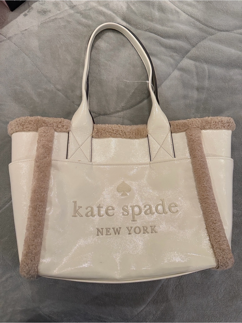 kate spade cream patent tote with beige shearling trim